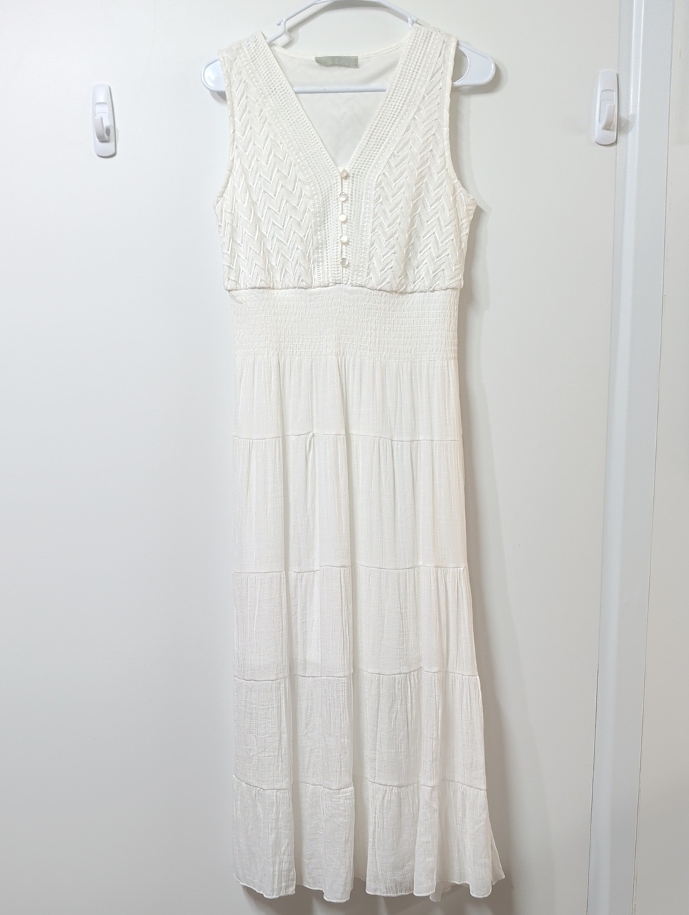 J. Gee White Crochet Lattice Tiered Sleeveless Maxi Dress